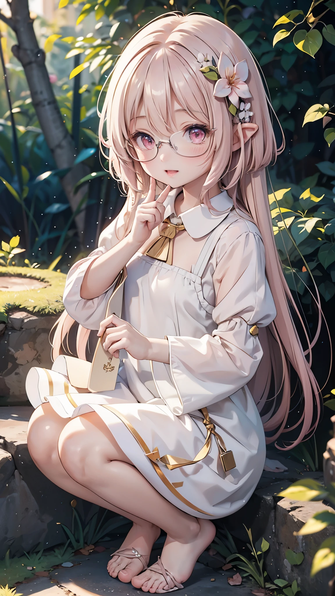 "Anime style young female character、Full body portrait。A tiny fairy, 15cm tall, with delicate, transparent wings on its back.。long-haired pink color、with large pink eyes。Wearing round glasses。White flower hair ornament。Wearing a pale pink dress、Puff sleeve design and above knee length。Slim figure。Standing barefoot。The background is lush nature、wood々surrounded by leaves。The character is a little shy and tilts his body.、Face-to-face pose。Overall a soft and gentle atmosphere。A fantastic atmosphere with dancing light particles。high quality digital art。"