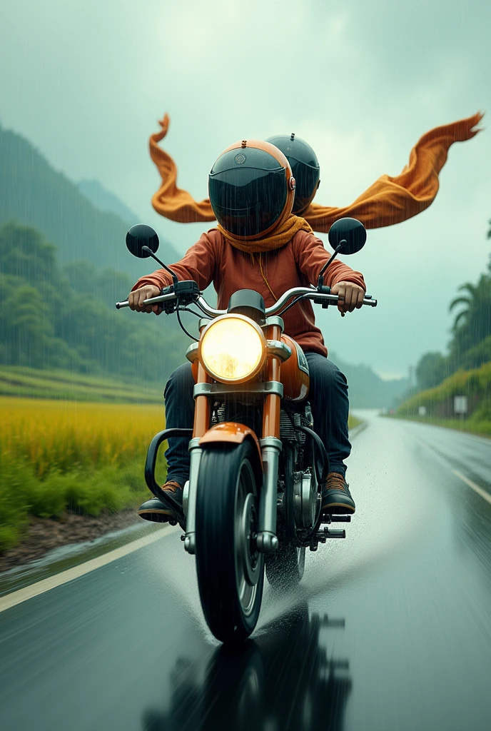 Me and my lovely  sister with longscarf are very happily riding the motorcycle with super speed eventhough it is rainy along the road with the view of paddyfield, . Do not show our hair and we are wearing the helmet. 