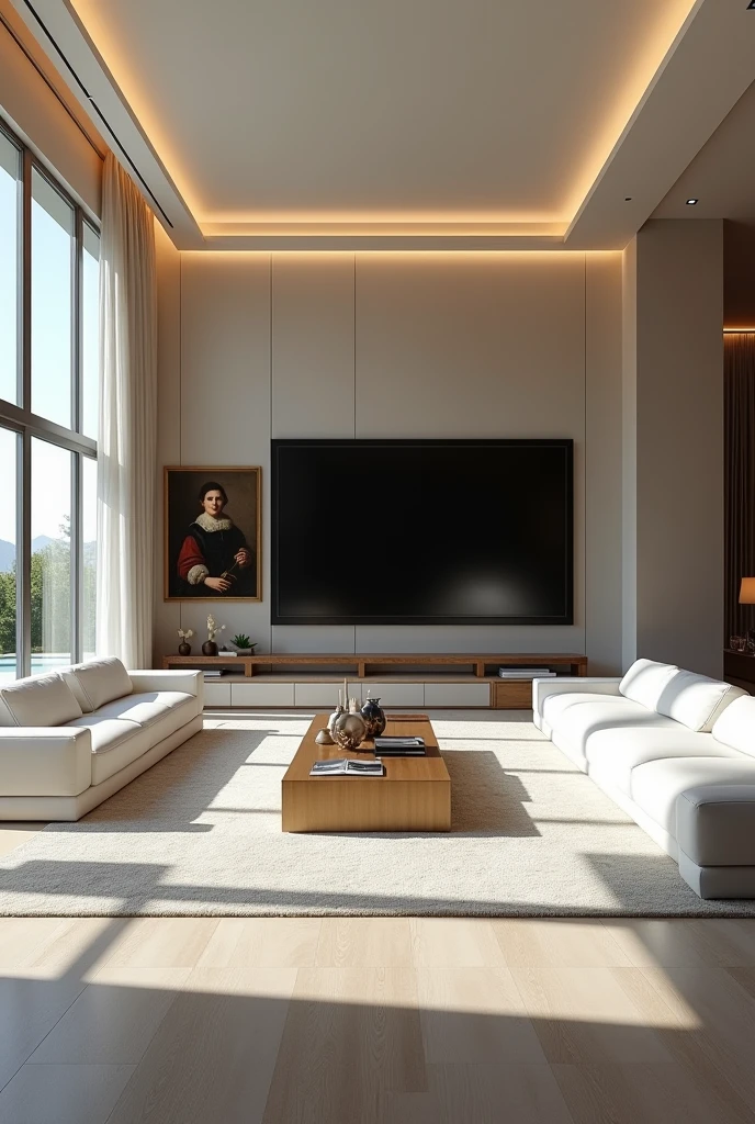 a large room with a giant television, White sofas and Rembrandt art paintings