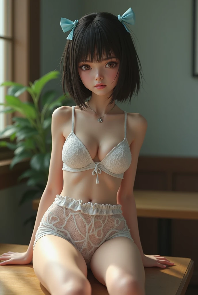 High resolution、high resolution、in 8K、Real Live Action、RAW Photosgraphy、Highest quality、masterpiece、Tabletop、erotic、Young、student、White bra,White skin,knees、(Skin-colored pantyhose)、Detailed Panty Pattern、Panty Focus、White lace panties、absurdists,Small Face、Part your bangs down the middle、The forehead is visible,(Cold look<Squinting my eyes,Glare,strong,Light anger)、masterpiece,Highest quality、超High resolution,RAW Photos,Only,Beautiful poop,one person, one person,Dark look,Small breasts,whole body、very nice、JK Uniform,(Photorealistic:1.37)、Photon Mapping,Light blue ribbon,Realistic、Cute Face,Brown eye、12 years、(Red bow tie)、Physics-based only dulling、prospect、Depth of written boundary、Blurred Background、picture,US、body,Beautiful feet, Long legs, Thin legs,Bobcut,(I can see the bangs), Lips, green_eye, Nose Soft,(open-necked white shirt), (Navy Pleated Skirt(Pull up your skirt、White panties are visible), I can see the knees,See-through clothing,Cute Japan、Sparkling eyes、Glossy Lips、Dynamic Pose,Short white socks、Showing the dirty sole of a foot raised in the air.