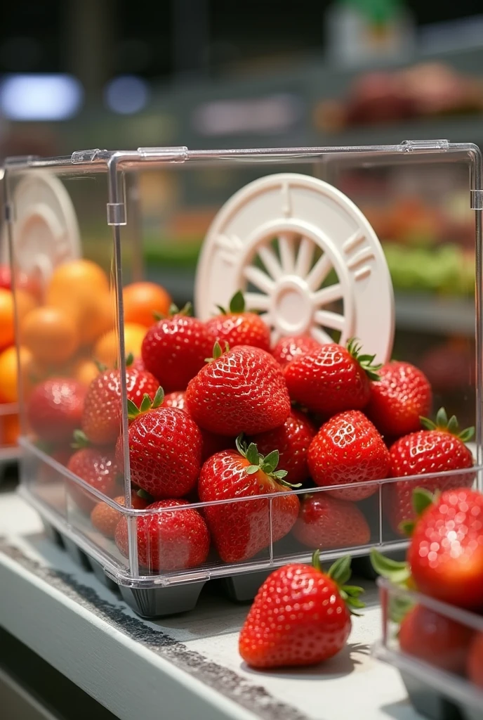 Create a transparent supermarket box that contains strawberries and that contains a white wheel on the back of the front of the box to place the logo., in the fruit section 