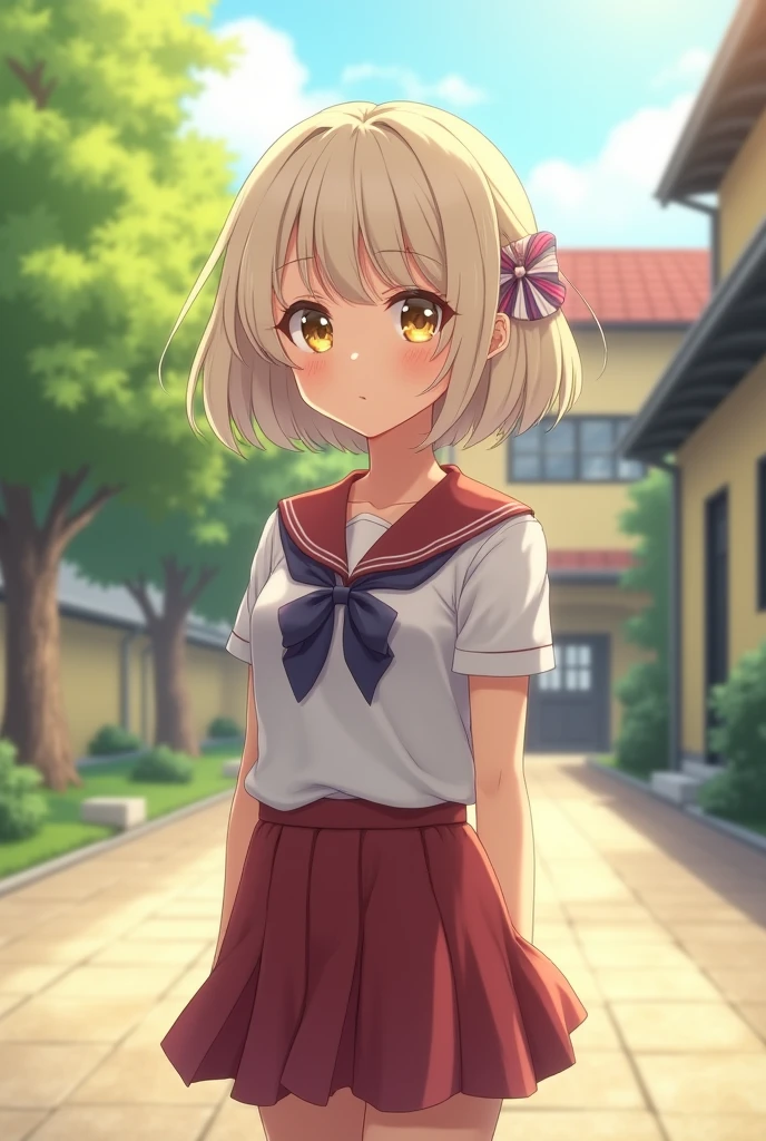 a cute girl with platinum hair,schoolgirl outfit,Balanced body