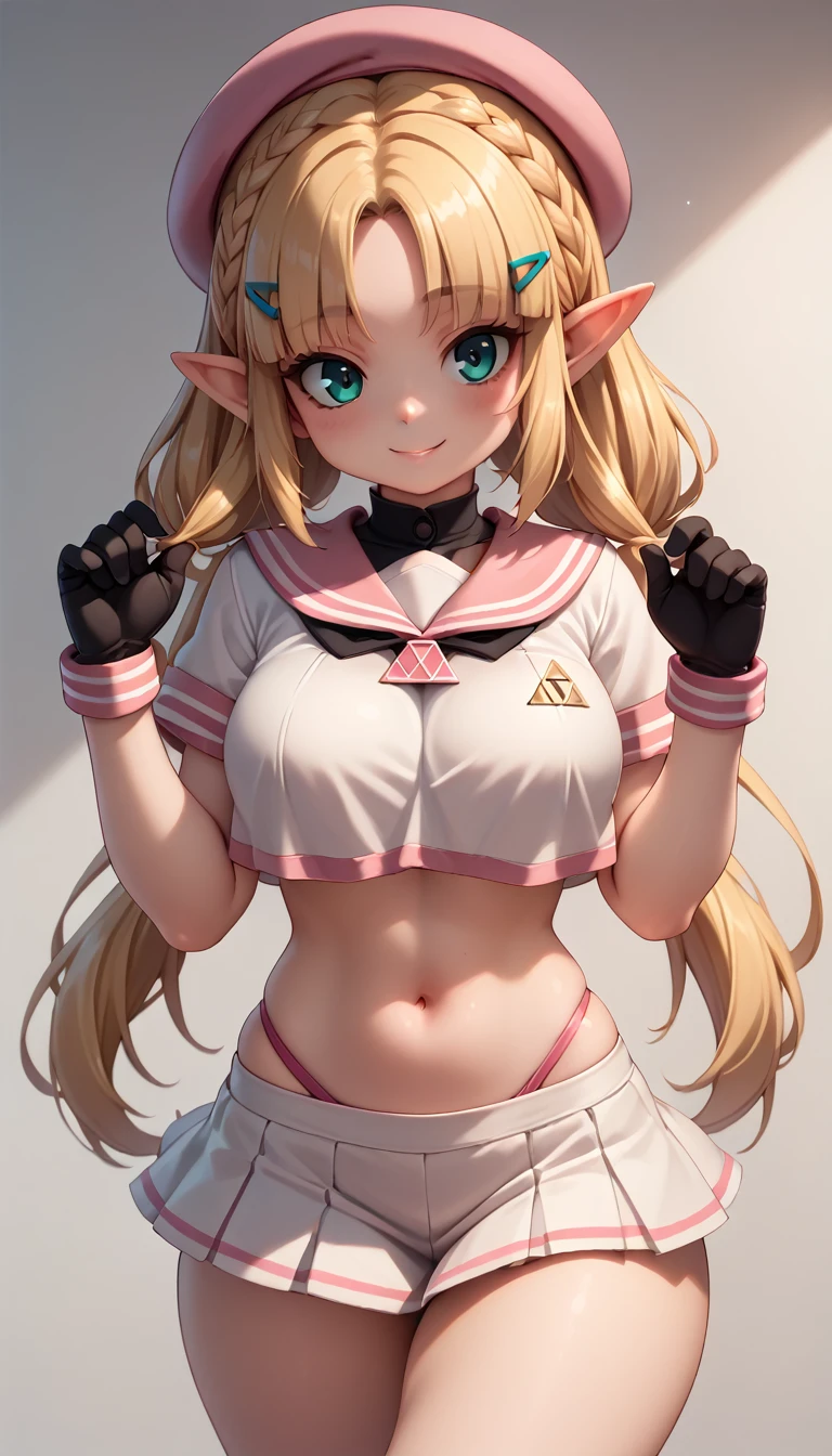 High resolution, Very detailed, perfect lighting, beautiful detailed eyes, ((masterpiece,Best Quality)), absurdities, alone, princess zelda, by the width, crown braid, Hair clip, pointy ears, Gloves without fingers, black gloves, smile, curves, nod, , deep neckline, deep neckline, pink thong, touching her breasts in a sexy way, close up, pigtails with bangs, pigtails with bangs, touching her breasts in a sexy way, teal eyes, close up, pigtails with bangs, pink boina, fitted sailor suit, fitted sailor suit, short white skirt, pink beret,