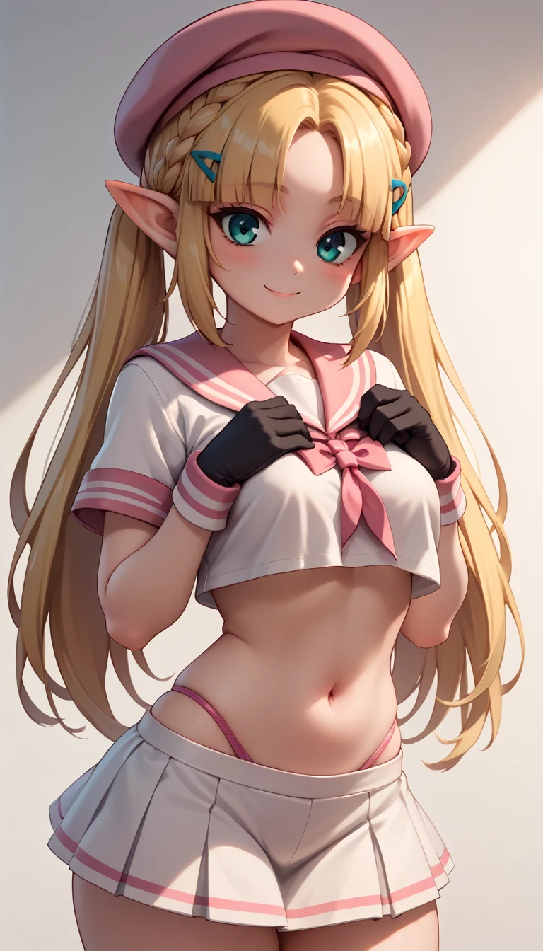 High resolution, Very detailed, perfect lighting, beautiful detailed eyes, ((masterpiece,Best Quality)), absurdities, alone, princess zelda, by the width, crown braid, Hair clip, pointy ears, Gloves without fingers, black gloves, smile, curves, nod, , deep neckline, deep neckline, pink thong, touching her breasts in a sexy way, close up, pigtails with bangs, pigtails with bangs, touching her breasts in a sexy way, teal eyes, close up, pigtails with bangs, pink boina,  fitted sailor suit, fitted sailor suit, short white skirt, pink beret,