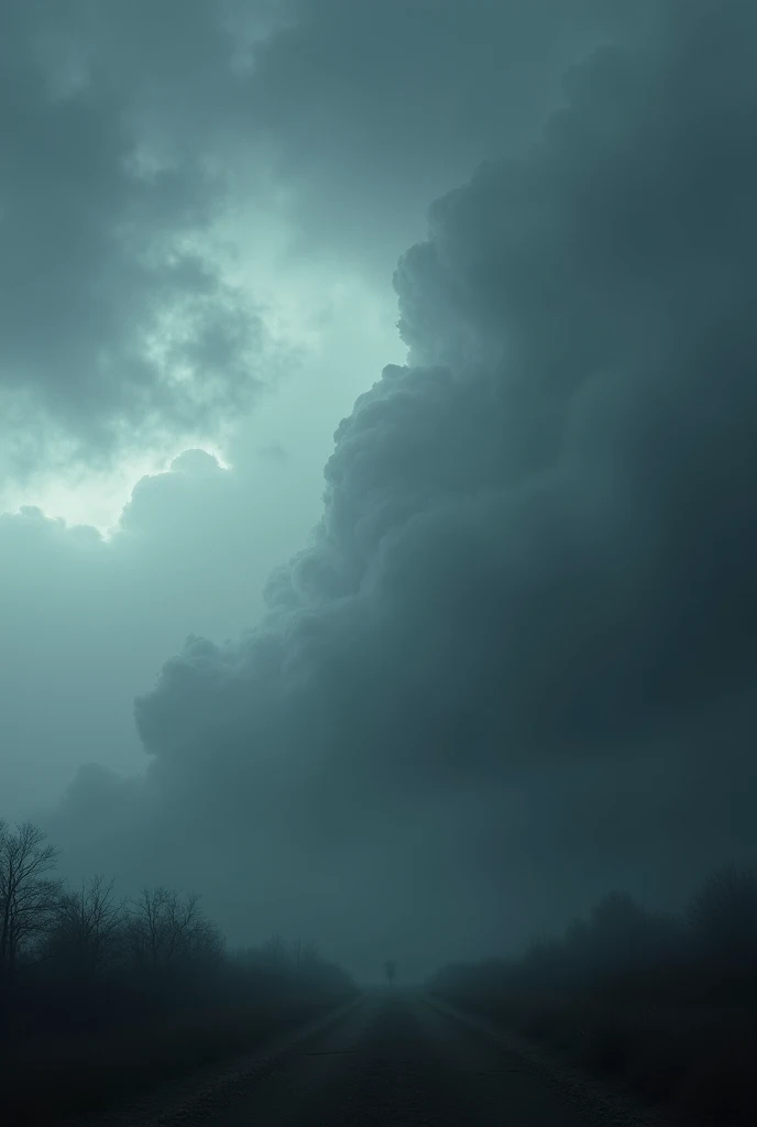 A dark, cloudy sky with slow-moving clouds, setting a somber mood.