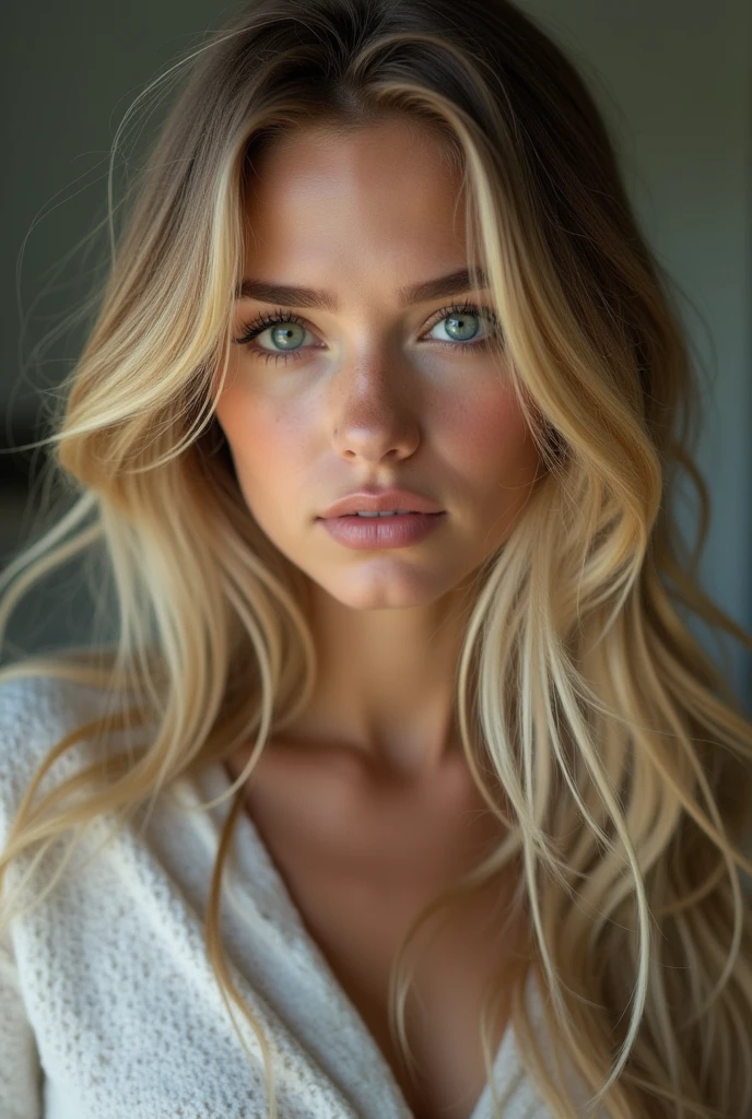 create a realistic image of a 20 year old woman, Longs cheveux blonds, blue-green eyes, nue sur le lit