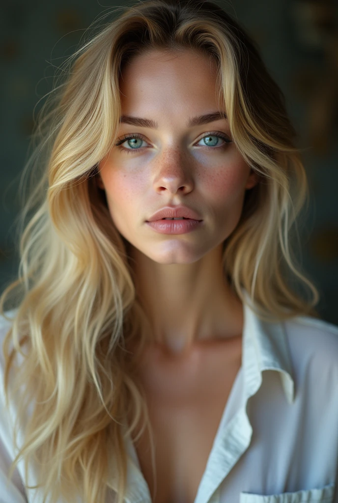 create a realistic image of a 20 year old woman, Longs cheveux blonds, blue-green eyes, nue sur le lit