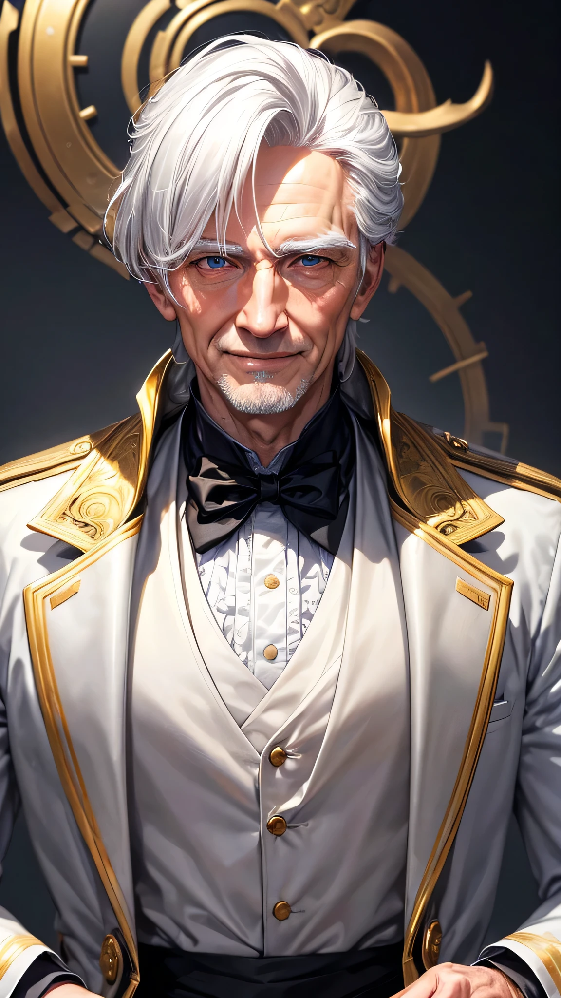 masterpiece, best quality, high resolution, closeup portrait, a male, white hair, Servant uniform, amazing composition, front view, HDR, ultra quality, elegant, highly detailed, old man, handsome grandpa, smile