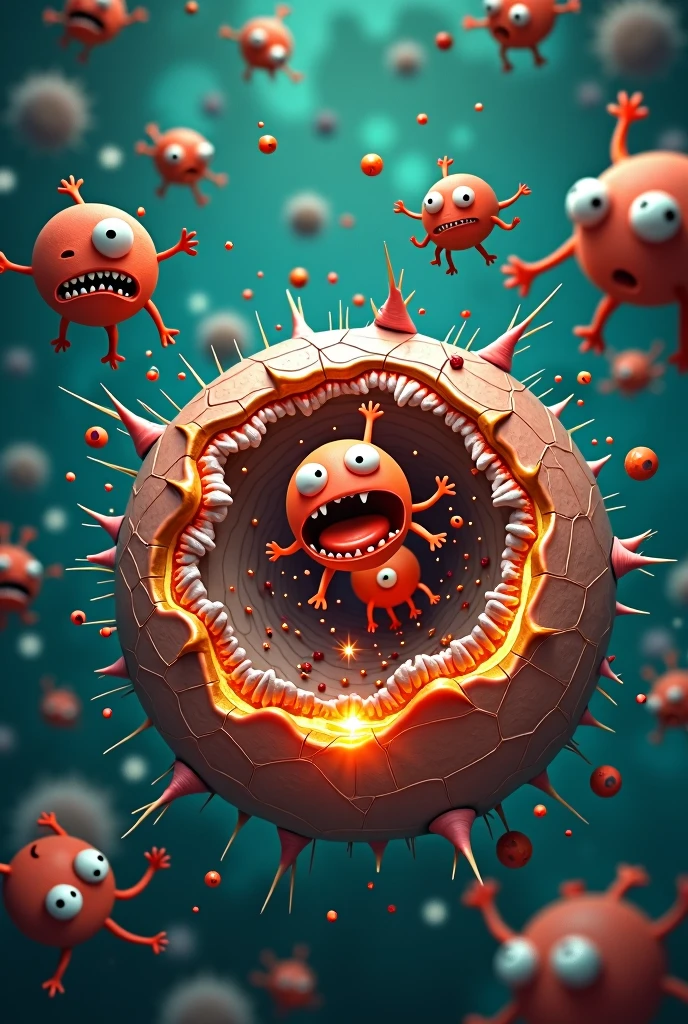 *Scenario:** A background with various organelles inside the cell, but now some are damaged. The scene will show signs of chaos in the Cell Kingdom.
- **Free Radicals:** Imagine small creatures drawn with irregular shapes, big eyes and expressions of anger or frustration. They will have their arms stretched out, trying to grab or attack other molecules. Each Free Radical will be represented as a bubble or circle with sparks around it., symbolizing its instability and search for an electron.
- **Damage:** The molecules and organelles inside the cell (such as proteins and lipids) will be represented with cracks, small marks or signs of wear, showing that they are being attacked. Some wavy lines or zigzags can symbolize the oxidation process.
- **fund:** The cell membrane will be partially broken in some places, and the core may have small fissures or cracks, indicating that it is under attack.
