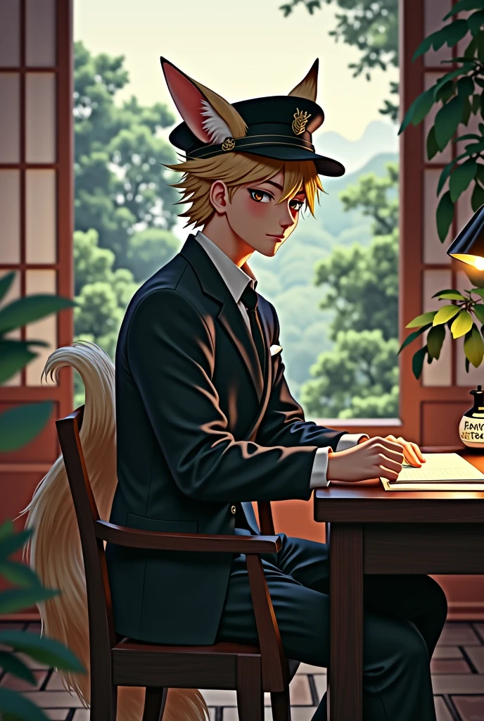 masterpiece、ung man、male、short hair、fox ears and tail, Young man in black suit and cap、Landscape of ancient Japan、Kyoto、Meiji、Taisho、Romance Taisho、paved、 sitting at a desk、Soft lighting、high quality、(masterpiece)、Human perspective、masterpiece、premium、Highly crafted CG Unity 8K wallpapers、an oil painting、Depth of fields、bloom、Very detailed、art stations、complex、High details、dramatic、volumetric lighting