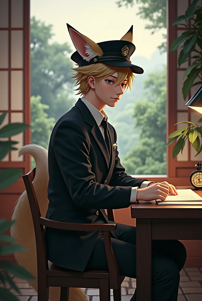 masterpiece、1 young man、male、short hair、fox ears and tail, Young man in black suit and cap、Landscape of ancient Japan、Kyoto、Meiji、Taisho、Romance Taisho、paved、 sitting at a desk、Soft lighting、high quality、(masterpiece)、Human perspective、masterpiece、premium、Highly crafted CG Unity 8K wallpapers、an oil painting、Depth of fields、bloom、Very detailed、art stations、complex、High details、dramatic、volumetric lighting