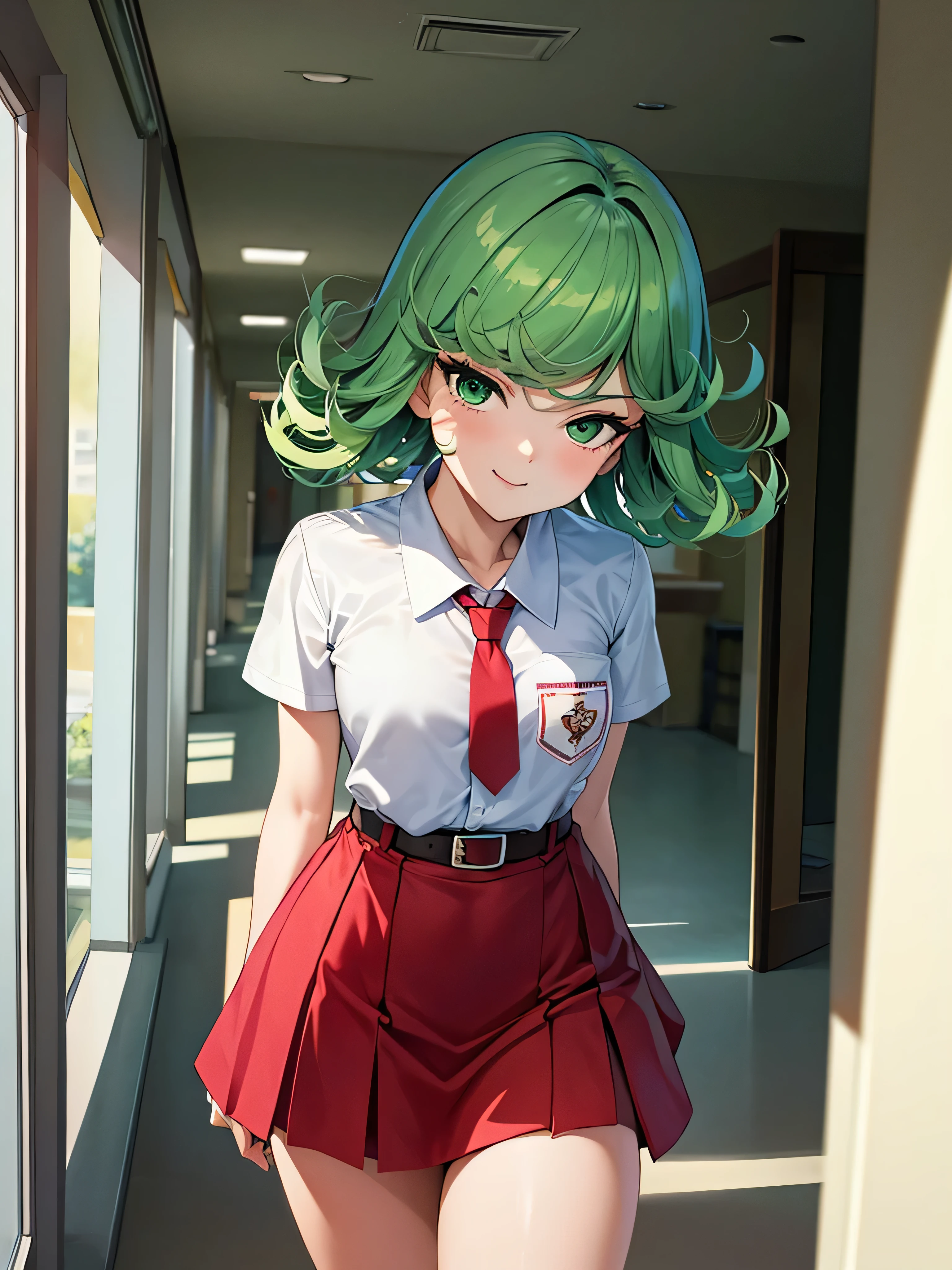(high res, 8K, masterpiece, looking at viewer, best quality, very aesthetic, ultra detailed, ultra background, ultra Eyes) intricate details, 1girl, Tatsumaki, Chibi, body upright, Green Short Hair, Green Eyes, short sleeved white shirt, Smile Face, pocket on left chest, wearing a Red tie, Red short skirt, wear a belt, Background school hallway, School, Cinematic Angle
