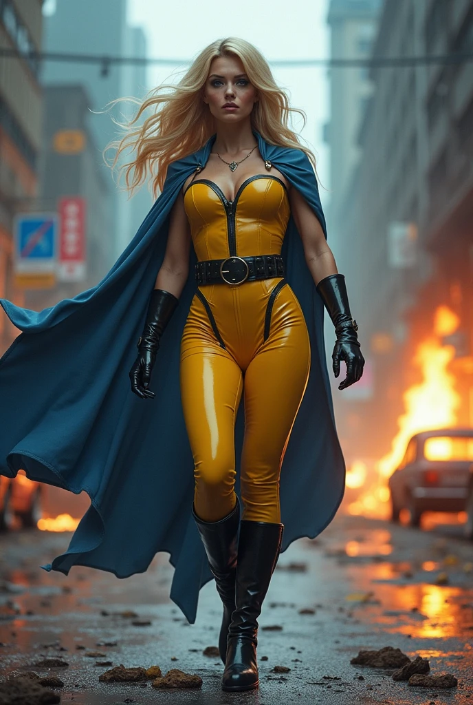 A beautiful woman with long blonde hair wearing a yellow leather jumpsuit yellow corset over her jumpsuit blue cape black boots and gloves long boots up to her knees wide black gym belt in a dark apocalyptic rainy city cars and buildings on fire magic in her hands knees screaming exhausted after an extensive battle magic in her hands blue cape