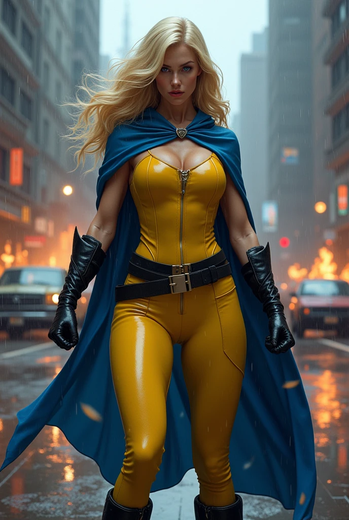 A beautiful woman with long blonde hair wearing a yellow leather jumpsuit yellow corset over her jumpsuit blue cape black boots and gloves long boots up to her knees wide black gym belt in a dark apocalyptic rainy city cars and buildings on fire magic in her hands knees screaming exhausted after an extensive battle magic in her hands blue cape