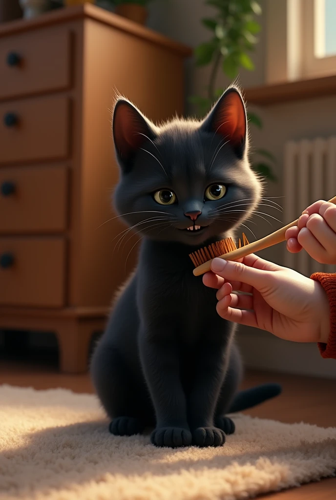 Brushing in the room、とてもかわいい3 year old black cat　, Real Video), Intricate details, (Real Video), 3 year old black cat，smile