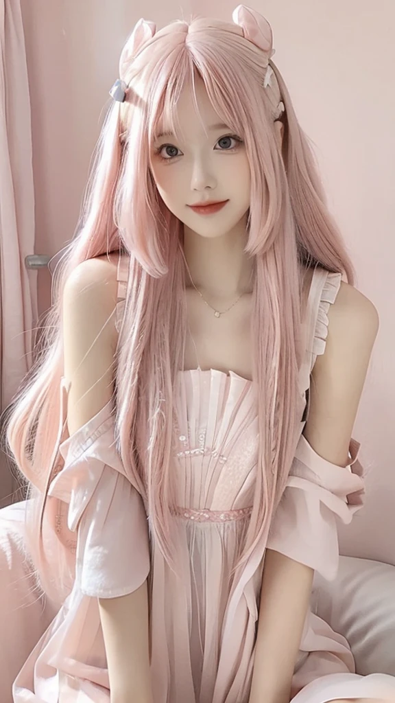 a woman with long pink hair wearing a pink dress and a pink bow, pastel light pink very long hair, long flowing pink hair, pink pastel, flowing pink hair, long pink hair, long glowing ethereal hair, long bubblegum hair, pastel pink, long light pink hair, pink straight hair, dreamy style, belle delphine, with long hair, light pink hair