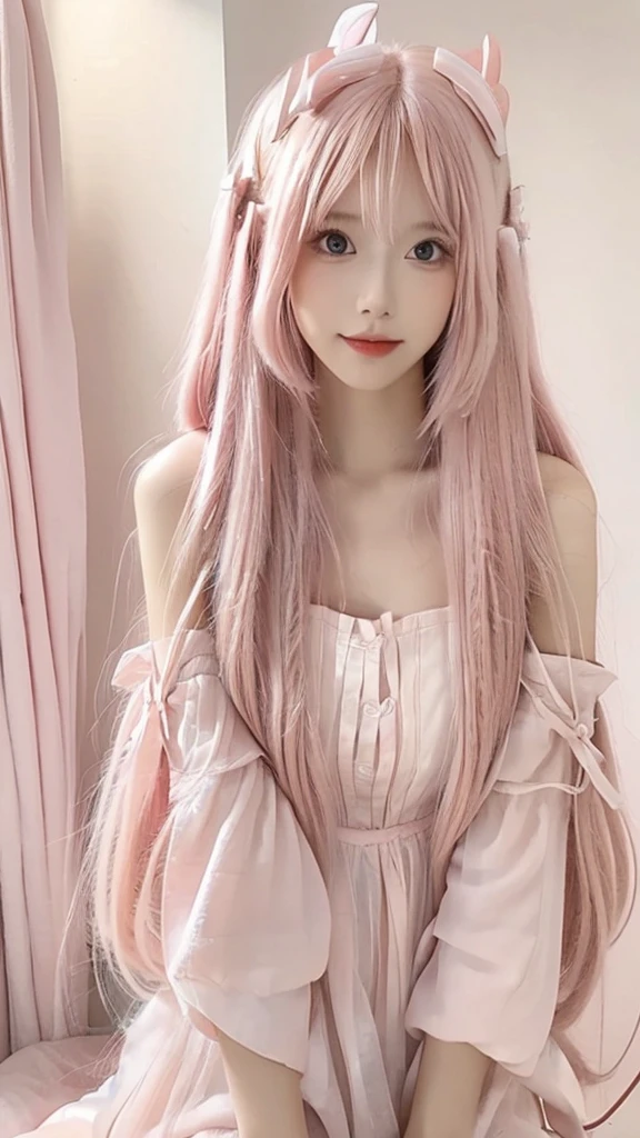 a woman with long pink hair wearing a pink dress and a pink bow, pastel light pink very long hair, long flowing pink hair, pink pastel, flowing pink hair, long pink hair, long glowing ethereal hair, long bubblegum hair, pastel pink, long light pink hair, pink straight hair, dreamy style, belle delphine, with long hair, light pink hair