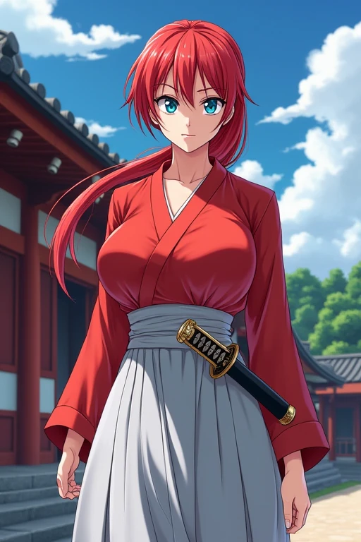 Anime Japanese female Shrine maiden Crimson hair Low ponytail Blue eyes One samurai sword on left hip Scarlet shirt Light grey skirt Large breasts Large buttocks