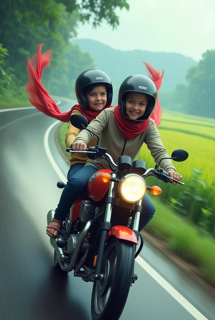 Me and my lovely  sister with longscarf are very happily riding the motorcycle with super speed eventhough it is rainy along the road with the view of paddyfield, . Do not show our hair and we are wearing the helmet. 