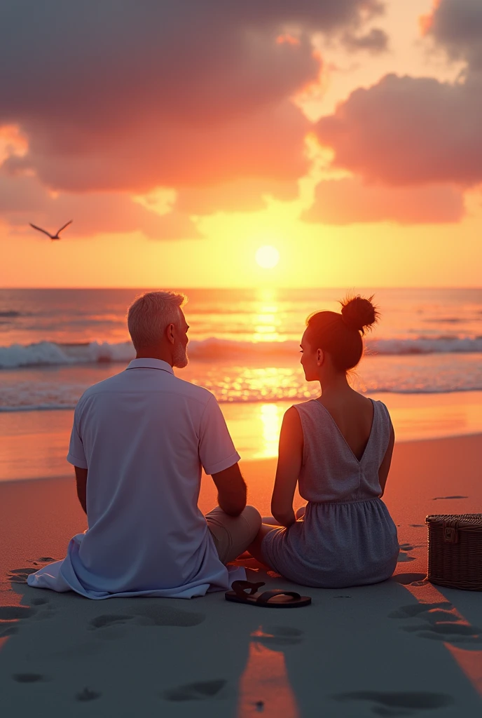 A civil engineer man and doctor women sitting on the beach in the evening sunset