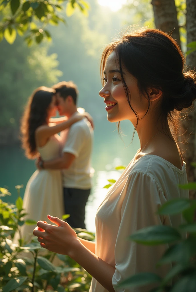 a woman is happy for her twin finally finding her lover and looking at them in far away