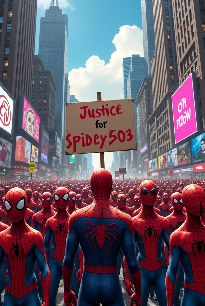 Many Spiderman and thousands of morals with a sign that says justice for Spidey503