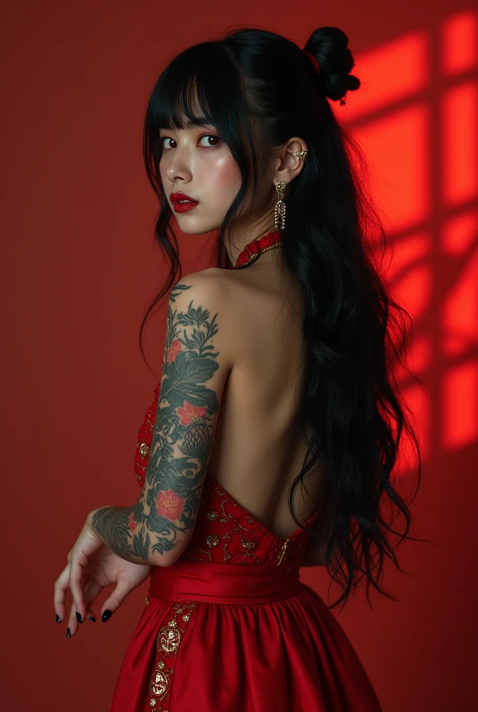 masterpiece, 1 girl, alone, Tattoo, Big Natural , Red eyes, black hair, Chinese clothes, red skirt ,skirt ,looking at the audience, Rear view, earrings, jewelry, arm Tattoo, standing posture, china skirt, red Lips, Nail polish, Bangs, Clothing tailoring, Red theme, Lips, (disgust:1.3), 150mm lens, photography"
