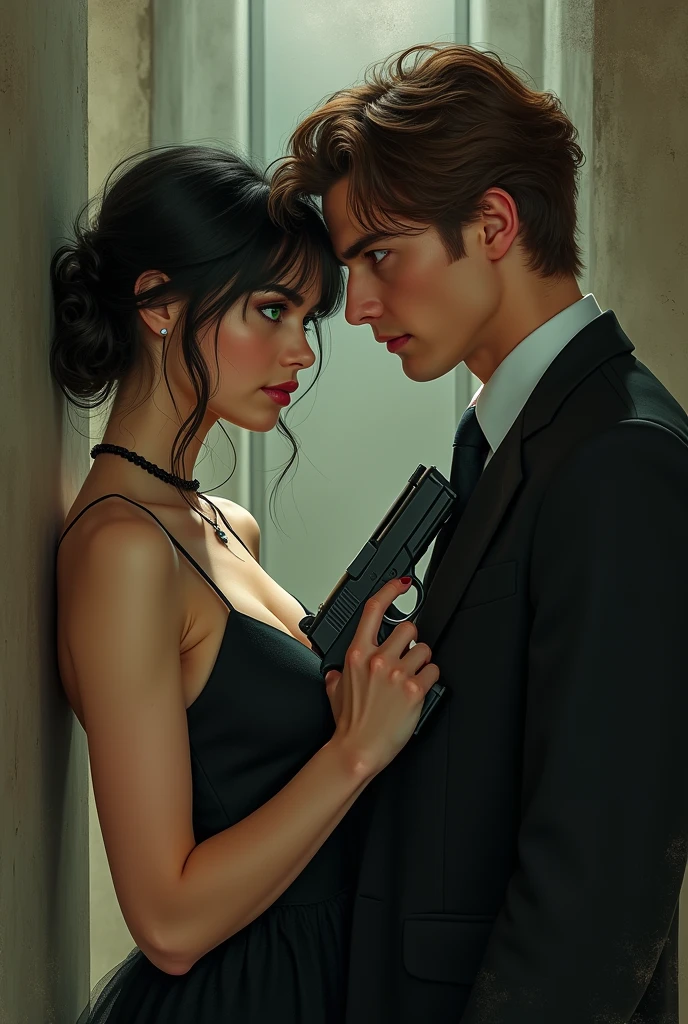 A young woman in a dress and a gun with black hair and green eyes next to a young man in a suit with brown hair and brown eyes