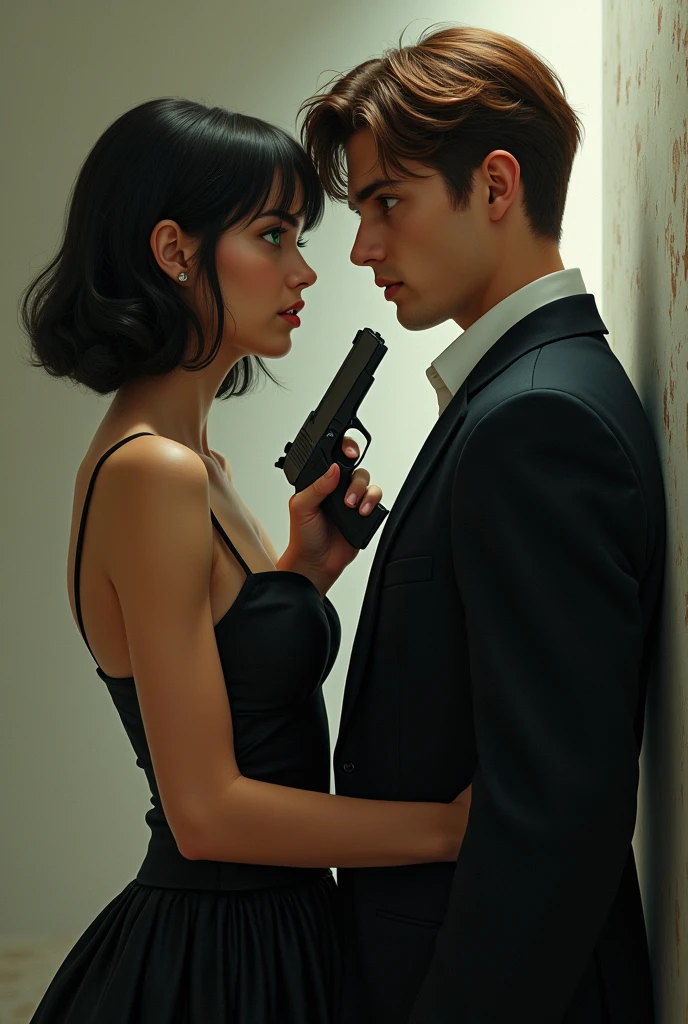 A young woman in a dress and a gun with black hair and green eyes next to a young man in a suit with brown hair and brown eyes