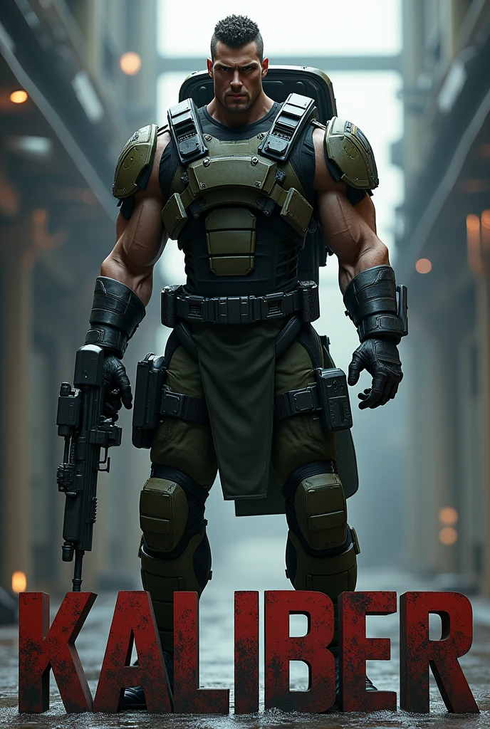 Badass super soldier with KALIBER in big letters underneath