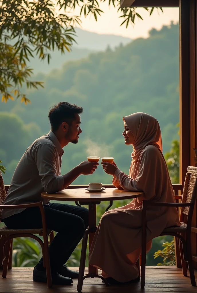 very high quality photo, a romantic scene, a man from Indonesia and a woman wearing a hijab drinking coffee on the terrace of a house in the corner of the village, full body, realistic, cool and complicated visual effects, looks real and perfect, UHD 64K, very sweet