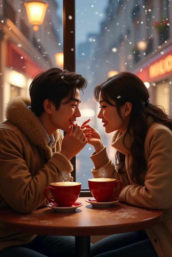 Tanned japanese handsome man and a beautiful tanned japanese woman, both wearing warm winter outfit in soft colors, the woman;s hair is long wavy loose, highlighted brown. they sit in sidewalk cafe in paris, in the window there is streetlight in paris sidewalk, snows fall from sky at night. They drink large foamy cappuccino in red mugs are on the table, and the man is smilling while his hand touch the cream on the woman's lips, tries to clean cream on the woman's lips, and the woman looking at his eyes and smiles. focus on couples. bokeh, full body shot, ultimate photorealistic.