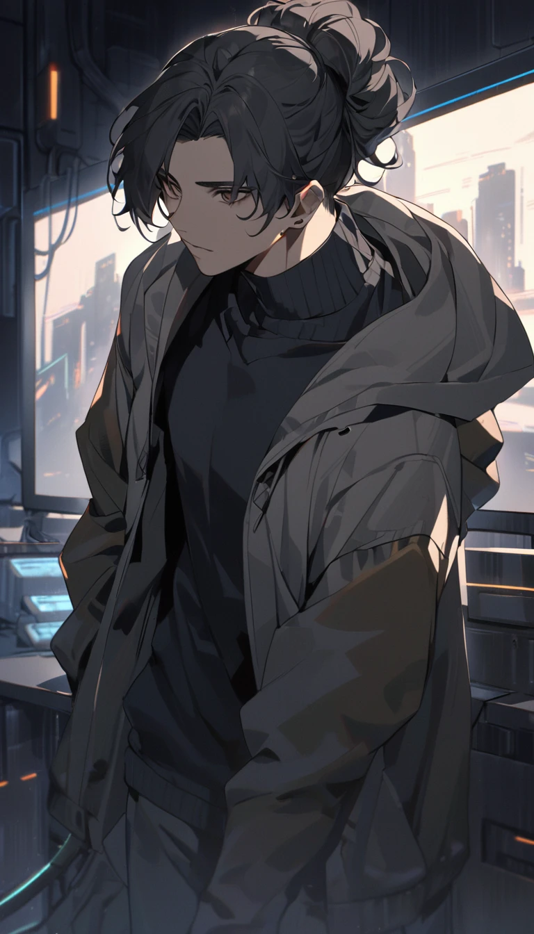 (detailed), (((normal guy))), (Arabic characteristics), ((gray wool jacket)), ((black fur rizado Ponytail hairstyle)), ((Ponytail hairstyle)), (calm face), ((by the width)), ((Brown boots)), (((whole body))), ((In a cyberpunk room)), ((male)), (gray turtleneck sweater), ((only one person)), (at night), terror, ((Brown eyes)), In the dark, ((black fur)), demon tail