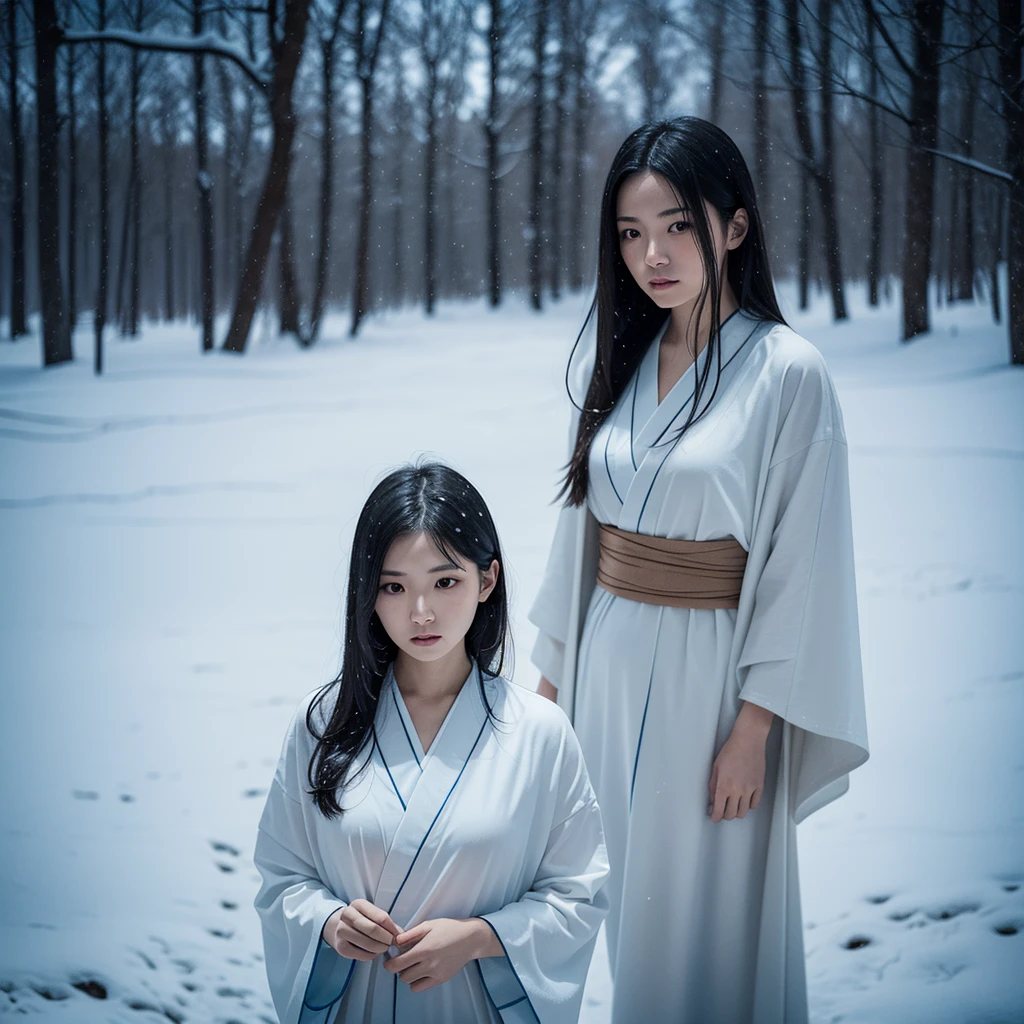 A realistic depiction of a Yuki-onna, Ghostly female nurse in Japanese folklore, Visible from very far away. She has white skin, Long black hair, Wearing a loose white kimono. The background is a snowy landscape, Beautiful and eerie, Spooky atmosphere. To enhance the supernatural sense、High resolution images with detailed textures and lighting. From a point of view, She is small, A mysterious figure in a vast landscape.