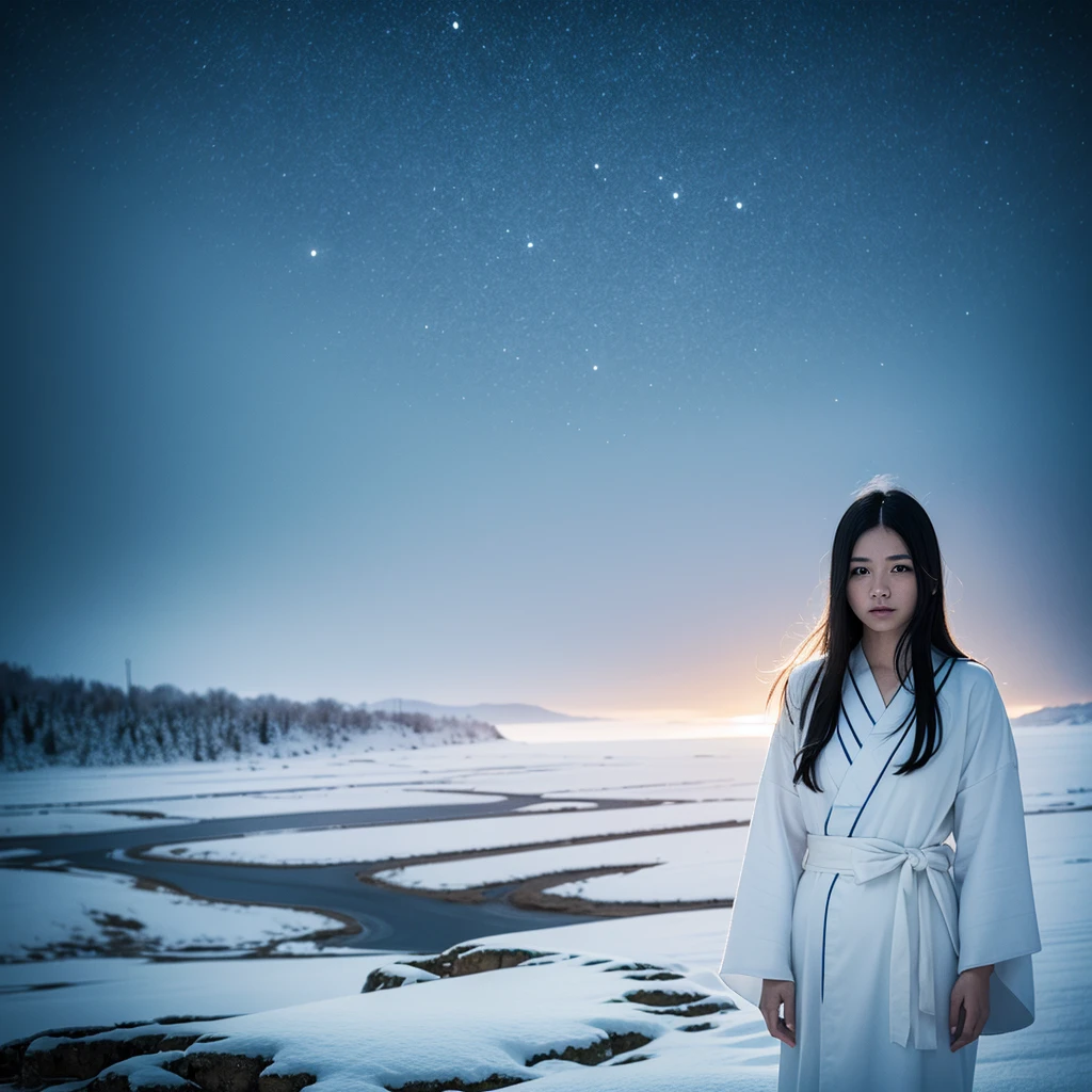 A realistic depiction of a Yuki-onna, Ghostly female nurse in Japanese folklore, Visible from very far away. She has white skin, Long black hair, Wearing a loose white kimono. The background is a snowy landscape, Beautiful and eerie, Spooky atmosphere. To enhance the supernatural sense、High resolution images with detailed textures and lighting. From a point of view, She is small, A mysterious figure in a vast landscape.