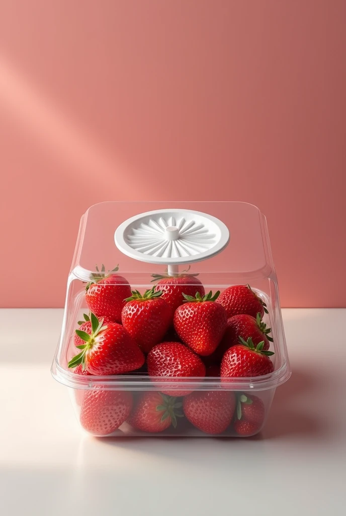 Create a clear plastic grocery box that holds strawberries and has a white wheel on the back of the front of the box to place your logo on., in the fruit section