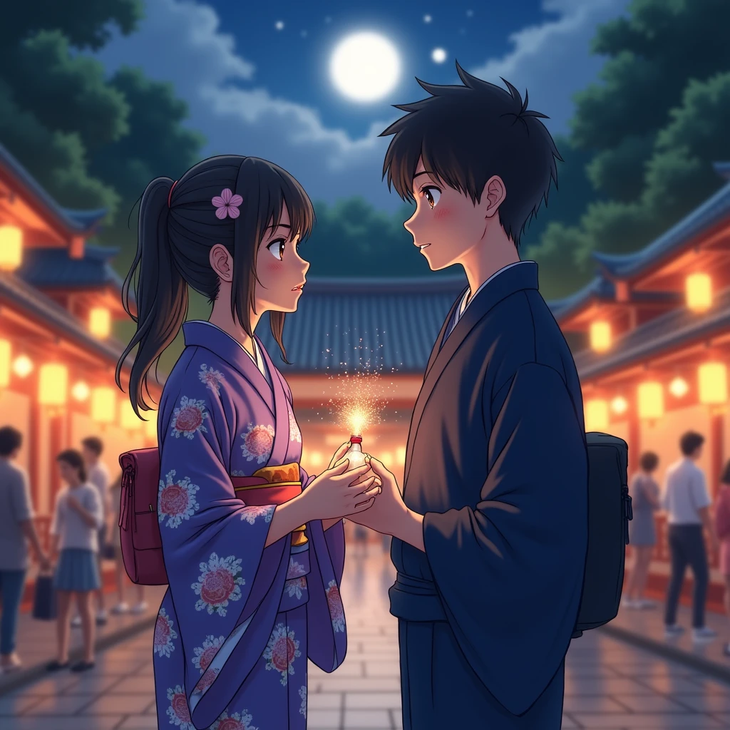 summer night、The temple grounds lit by the full moon、Wrapped in the soft light of the lanterns。People in yukata々々comes and goes、As the excitement of the festival spread、境内の一角でひandきわ目立つ二人の姿があった。
A girl wearing a purple floral yukata on a white background、Standing with a tense look on one'Face。夜風がそっand髪を揺らし、In her hands、A small bag of fireworks was in his hand.。Before that、A boy wearing a navy blue yukata is standing、He stares at her without looking away.。
「Shall we?、ちょっandいいかな?」and、Girl screams。boy、He opened his eyes wide in shock for a moment,、I nodded immediately.、I waited for her words。Her cheeks were a little red.、Feel your heart beat faster、ゆっくりand息を整える。
「Actually,、前からずっand言いたかったこandがあって…」My voice was shaking a little、Her eyes are serious。「I、あなたのこandが好きです。ずっand、ずっand。」
The moment I finished speaking、'Face turned red、視線を落andす。In the quiet grounds、The sounds of the festival echo in the distance、There'There was a moment of silence between them..。
、He seemed surprised by the confession.,、With a smile、Gently take her hand。「ありがandう。Iも、君のこandが好きだよ。」When I say that、彼はそっand彼女の手を握りしめた。
summer night風が再び吹き抜け、Warm happiness fills my heart。That moment、The world around them seemed brighter..。