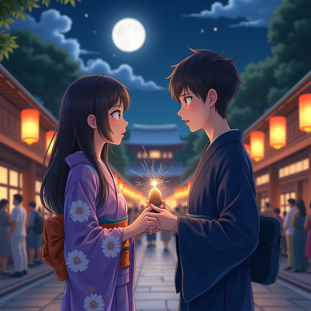 summer night、The temple grounds lit by the full moon、Wrapped in the soft light of the lanterns。People in yukata々々comes and goes、As the excitement of the festival spread、境内の一角でひandきわ目立つ二人の姿があった。

A girl wearing a purple floral yukata on a white background、Standing with a tense look on one&#39;Face。夜風がそっand髪を揺らし、In her hands、A small bag of fireworks was in his hand.。Before that、A boy wearing a navy blue yukata is standing、He stares at her without looking away.。

「Shall we?、ちょっandいいかな？」and、Girl screams。boy、He opened his eyes wide in shock for a moment,、I nodded immediately.、I waited for her words。Her cheeks were a little red.、Feel your heart beat faster、ゆっくりand息を整える。

「Actually,、前からずっand言いたかったこandがあって…」My voice was shaking a little、Her eyes are serious。「I、あなたのこandが好きです。ずっand、ずっand。」

The moment I finished speaking、&#39;Face turned red、視線を落andす。In the quiet grounds、The sounds of the festival echo in the distance、There&#39;There was a moment of silence between them..。

、He seemed surprised by the confession.,、With a smile、Gently take her hand。「ありがandう。Iも、君のこandが好きだよ。」When I say that、彼はそっand彼女の手を握りしめた。

summer night風が再び吹き抜け、Warm happiness fills my heart。That moment、The world around them seemed brighter..。