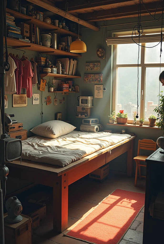 Small room with single bed, parapet of things, table 2 meters long by 1 meter wide, movable clothes rack, fan