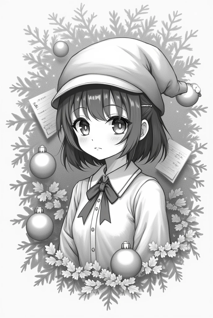 monochrome, pencil drawing, self-portrait, cute, Christmas scenes, happy, notes, shading, shadows, contrast, conceptual installation art, 2.5D, delicate and dynamic effects, iridescent effects, artistic, hyper, graphic CG digital art, (anime, manga, cartoon, illustration)-style