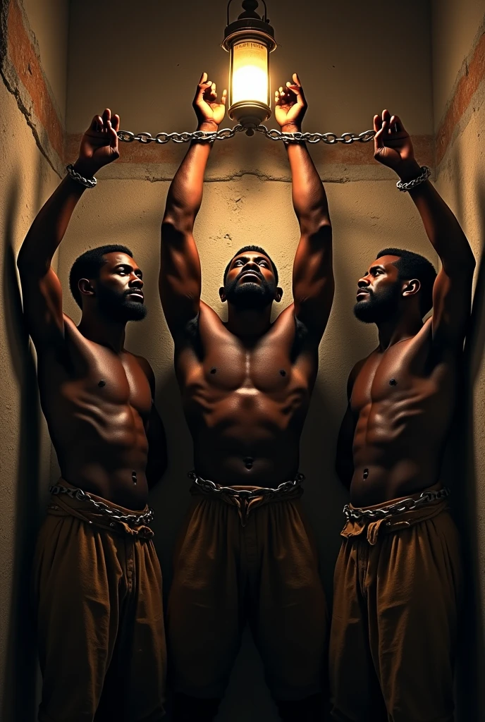 Three black slave men sitting with their hands up chained to the wall in the dark but the man in the middle is illuminated by an antique lamp