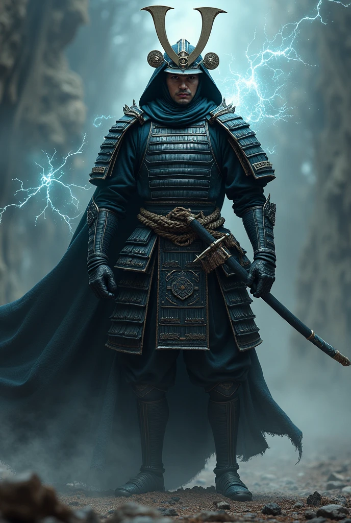 samurai in dark armor, muscular, mystical energy