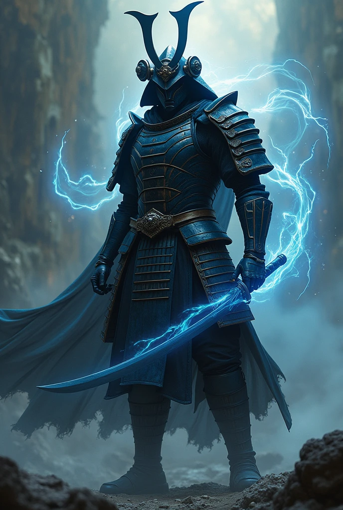 samurai in dark armor, muscular, mystical energy