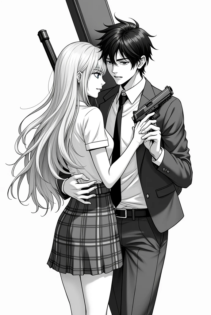 Draw a picture of a young man, attractive black and somewhat long hair, who is wearing a shirt and dress pants and a jacket and tie, He carries a gun in one of his hands and a guitar case on his back.. Next to him is an attractive young woman with long blonde hair., dressed in a plaid skirt and a white dress shirt, The young man is protecting the woman. Make the drawing in the style of a black and white manga