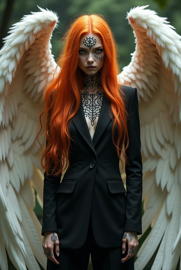 Draw one with the body that has character markings "tribe" throughout the body have long orange hair down to the feet, deep black eyes with large angel wings that drag and be dressed in a black suit