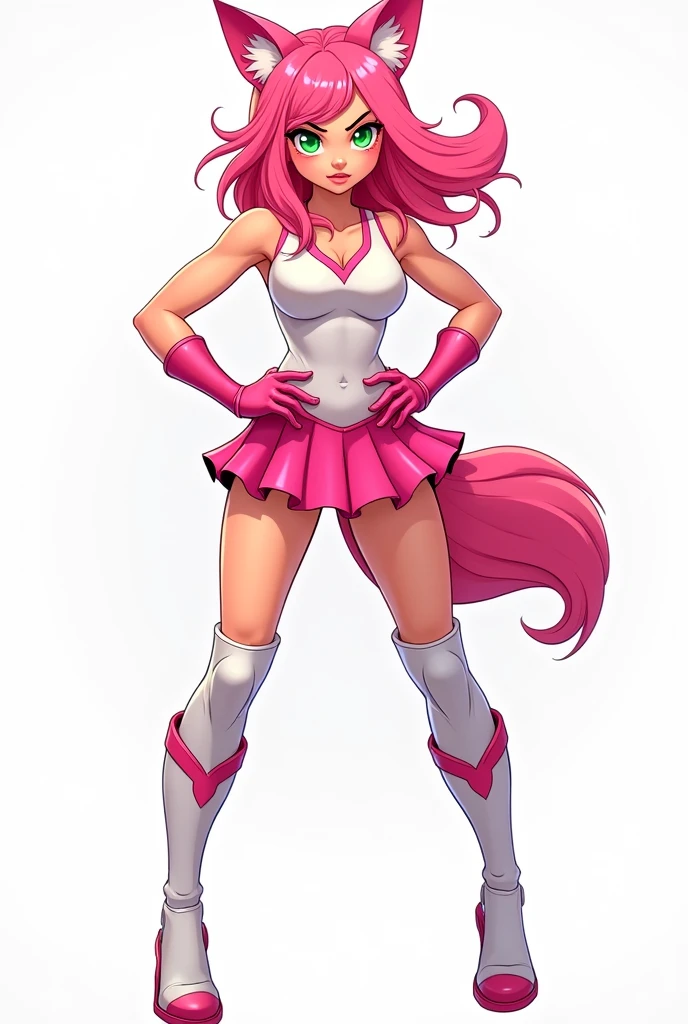 A pink haired teenager, pink fox ears and green eyes posing for a photo wearing a superhero uniform. A tight white and pink sleeveless leotard, a short pink layered skirt, with long white boots with pink details. The uniform highlights power and femininity.
white background. 
Comic book 2d style. 