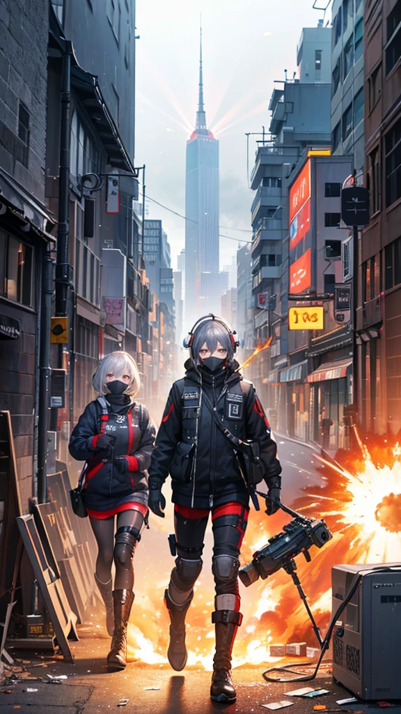 ((high quality)), ((masterpiece)), 8k, Two people, Bulletproof vest, light, extremely detailed CG unity 8k wallpaper, Game CG, View your viewers, gloves, boots, whole body, clock, computer, mask, Drone, Have a weapon, Headphones, Jacket, (Background Destroyed city , explosion , cigarette)