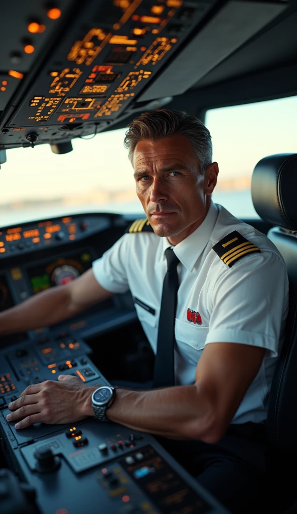 Handsome middle-aged airline pilot, Air France, cockpit