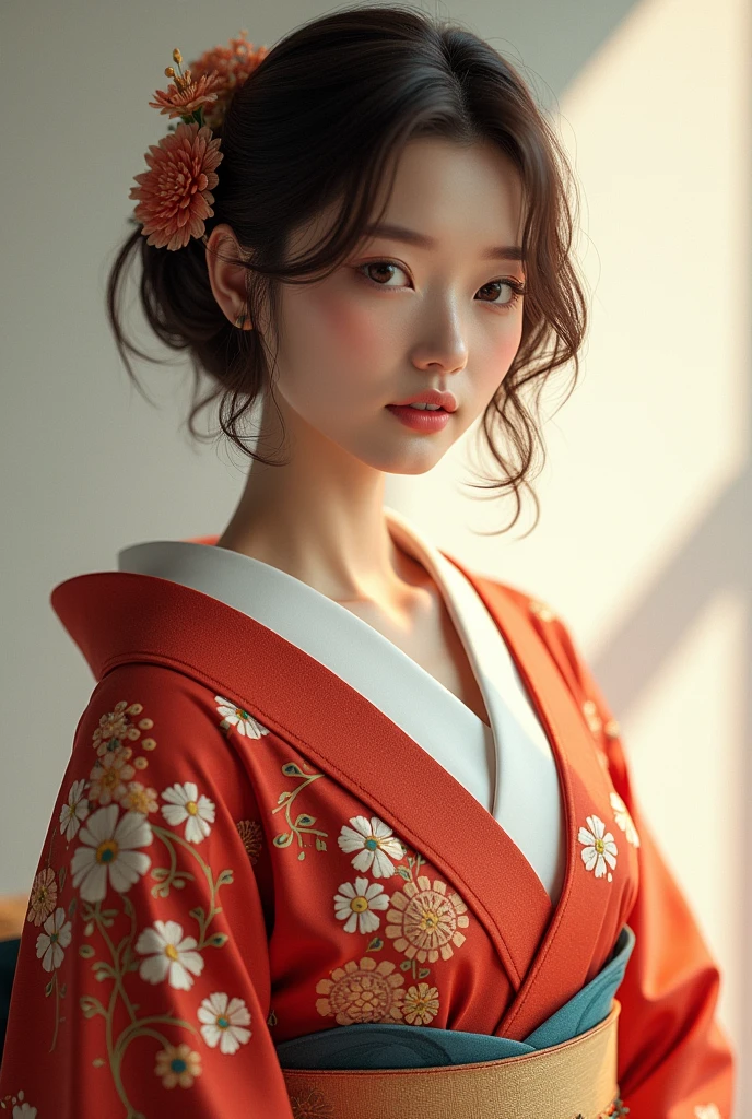 Woman in a kimono with short brown shoulder-length hair.