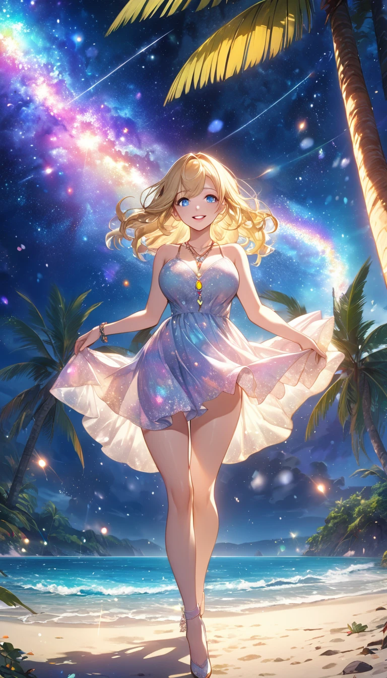 (masterpiece、Highest quality、8k、High resolution)、Best Style、(The most beautiful girl in anime)、(Clear skin、Clean blue eyes、Beautiful lips、Beautiful nose)、smile、Beautiful white upper teeth、Blonde Hair、Ample breasts、Walking on the beach、Palm tree、Beautiful starry sky、milky way、(Body、whole bodyからMystical particles of light、Mystical particles of light、Mystical particles of light、Colorful Light、Vibrant colors)、The area around the head is brightly lit with a mysterious light.、Vibrant colors、(jewelry、necklace)、dress、(whole body)、Highly detailed anime art、A complete portrayal、